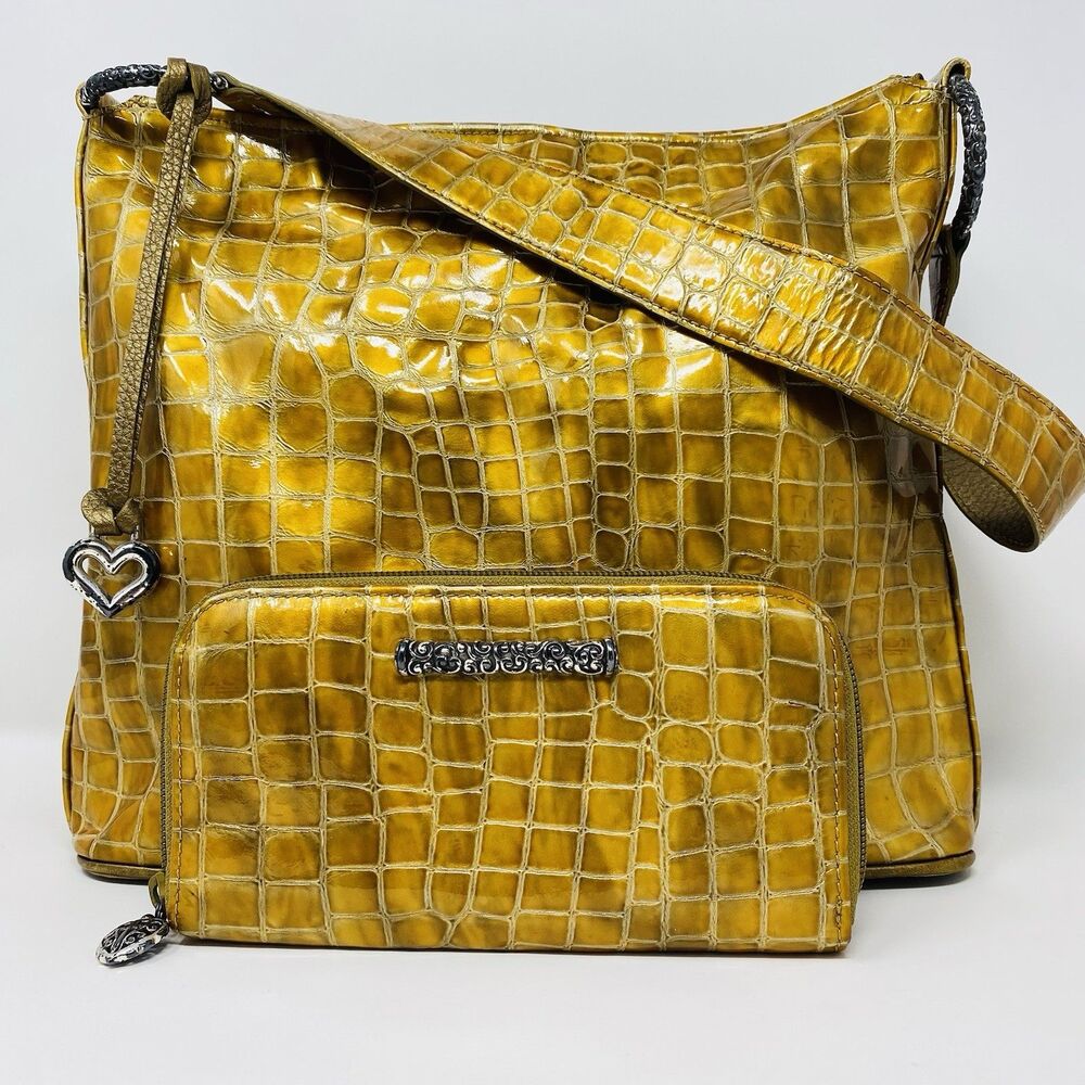 BRIGHTON Gold Patent Croc-Embossed Leather Slouchy Shoulder Tote Bag Clutch Set